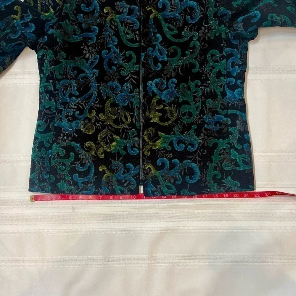 Harvé Benard Black Teal‎ Velvet Damask Open Front Jacket Blazer Sz 12